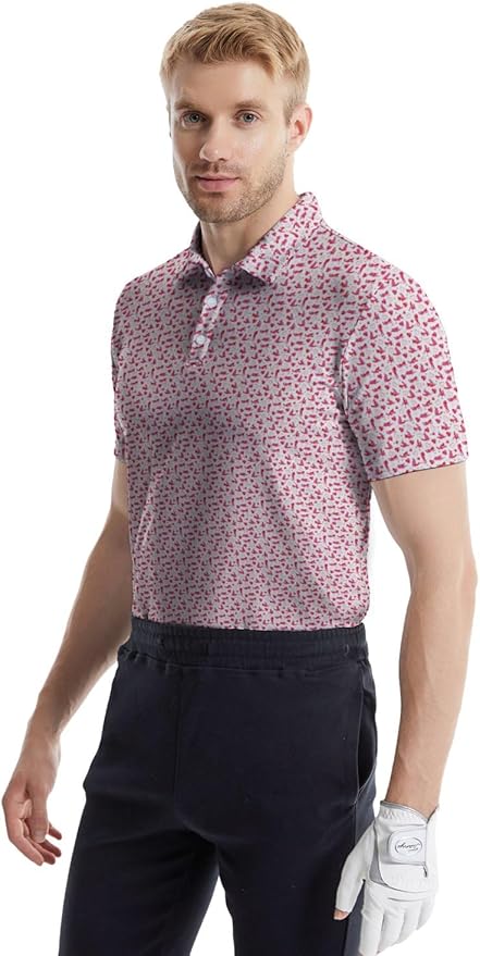 HUURAY Funny Golf Polos for Men Funny Print Short Sleeve Shirts Quick Dry Polo Shirts Hawaiian Shirt Performance Golf Outfits