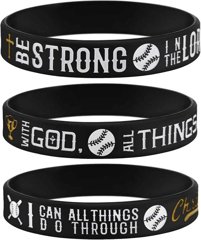 Sainstone Power of Faith Baseball Bible Verse Silicone Wristbands with Christian Inspirational Sayings, Set 3 of Scriptures Motivational Rubber Bracelets Sports Gifts