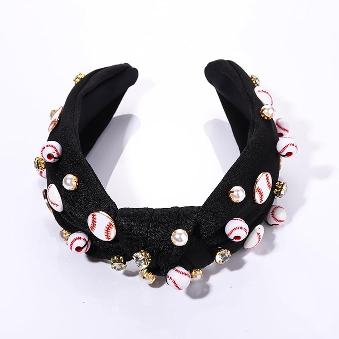 Baseball Headband for Women Baseball Accessories Beaded Crystal Pearl Knotted Headbands Baseball Charm Embellished Headbands Wide Top Knot Sports Game Day Headband Gifts (Black)