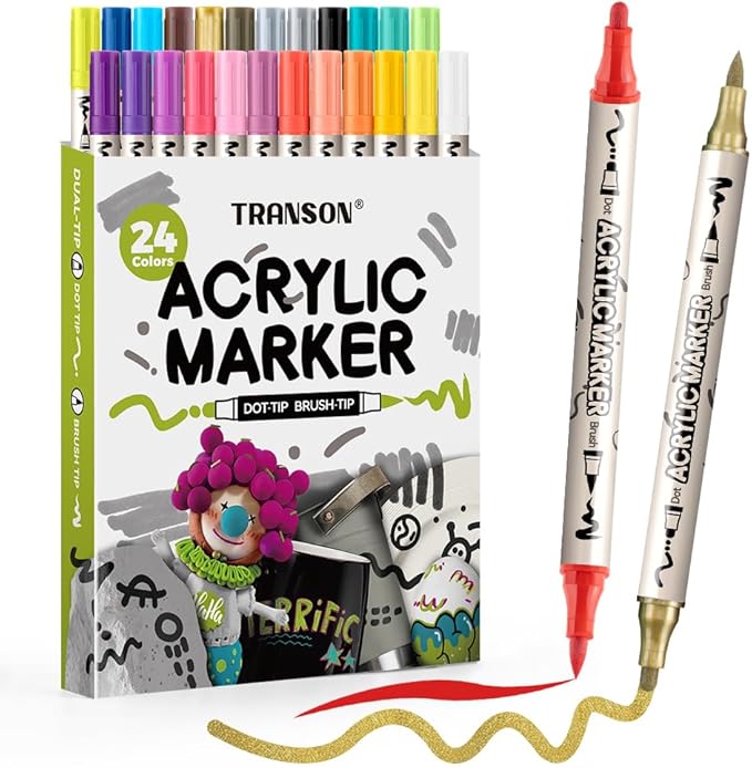 TRANSON 24 Colors Bold and Brush Dual-tip Acrylic Paint Marker Pen by Transon
