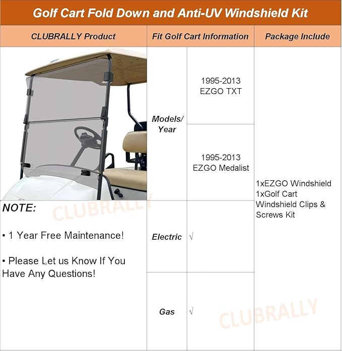 Golf Cart Windshield, Fold Down and Anti-UV Windshield Kit for 1995-2013 EZGO TXT/DCS/PDS Golf Cart, 40.6" W X 33" H, Tinted/Clear