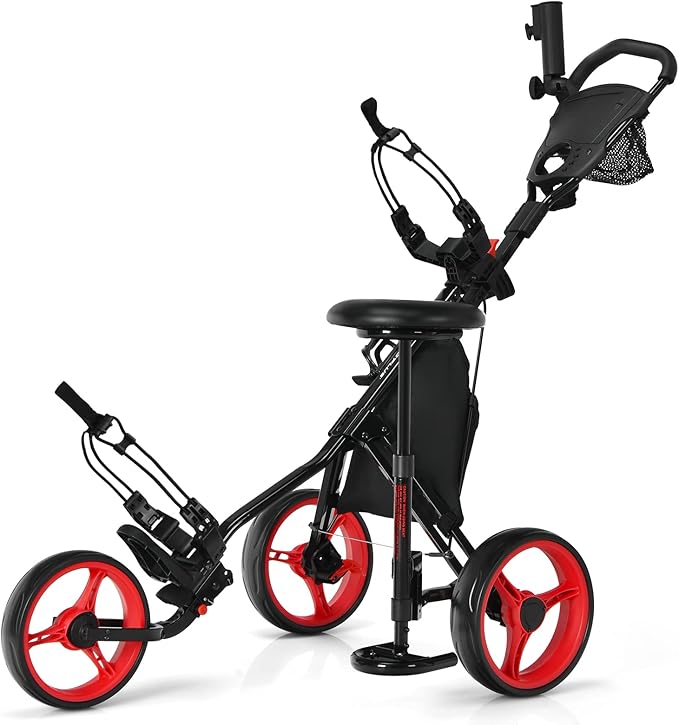 Tangkula Golf Push Pull Cart with Seat, Lightweight Folding 3 Wheels Golf Push Cart, Golf Trolley W/Storage Bag, Foot Brake, Adjustable Umbrella Holder & Seat, 4 Height Position Handle (Red)