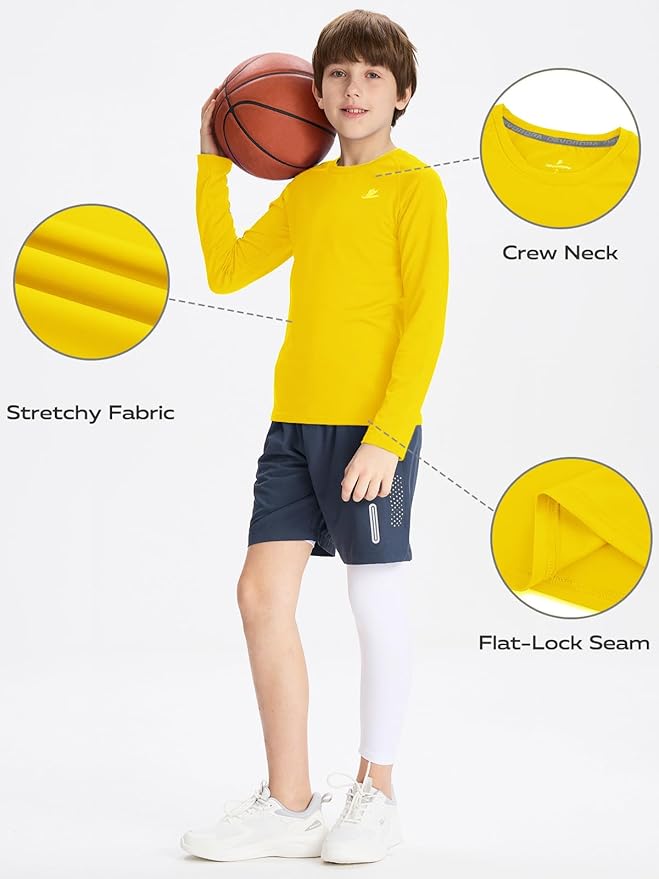 DEVOROPA Youth Boys Compression Shirt Long/Short Sleeve Football Baseball Undershirt Quick Dry Kids Sports Baselayer Crewneck