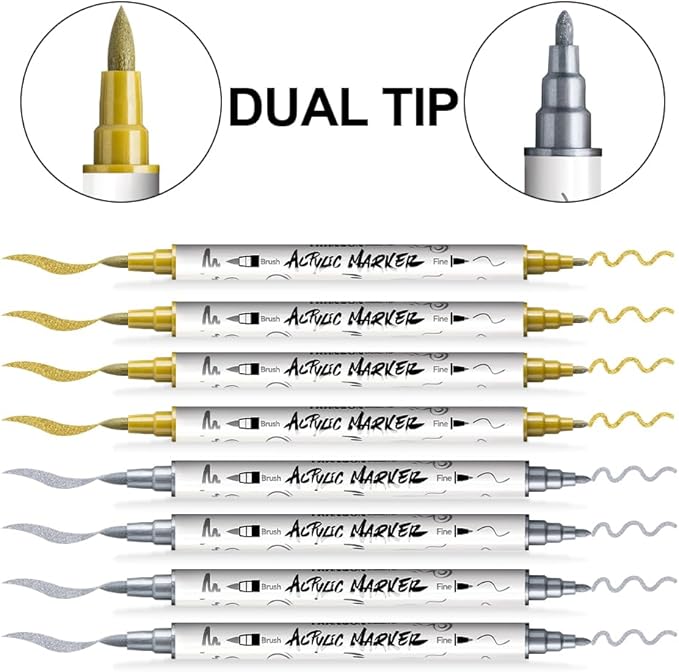 TRANSON 4 Gold and 4 Silver Paint Markers Brush and Fine Dual-tip Acrylic Paint - Image 4