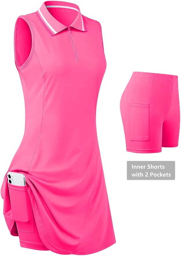 Womens Sleeveless Golf Tennis Dresses with Inner Shorts＆Pockets for Workout Exercise