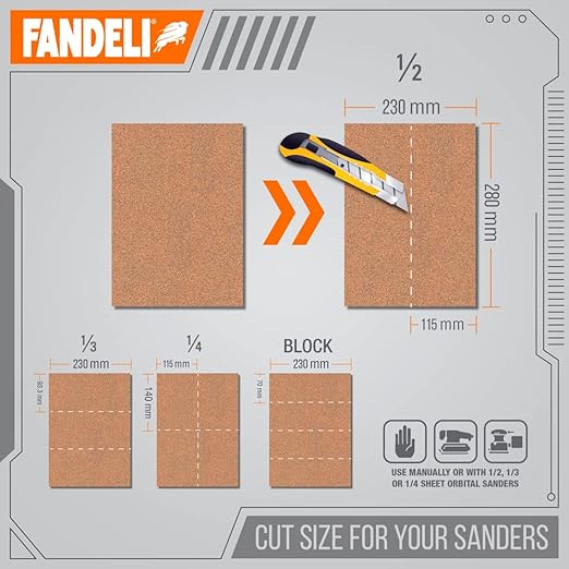 Fandeli | Multi-Purpose Sandpaper | 220 Grit Aluminum Oxide | 75 Sheets of 9'' - Image 3