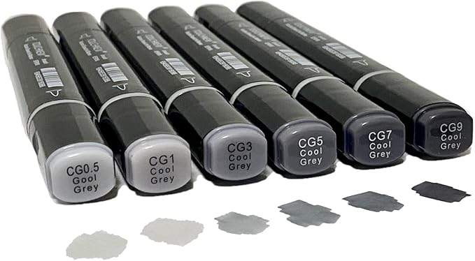 6 Pack Grey Gray Alcohol Markers, Cool Grey Double Tipped Soft Fine Tips and by Arhomet