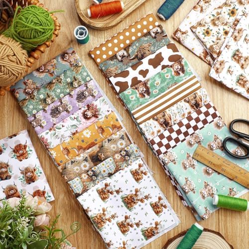 Hahafelt 10 Pcs 18"x22" Highland Cow Fat Quarters Sunflower Fabric Bundle