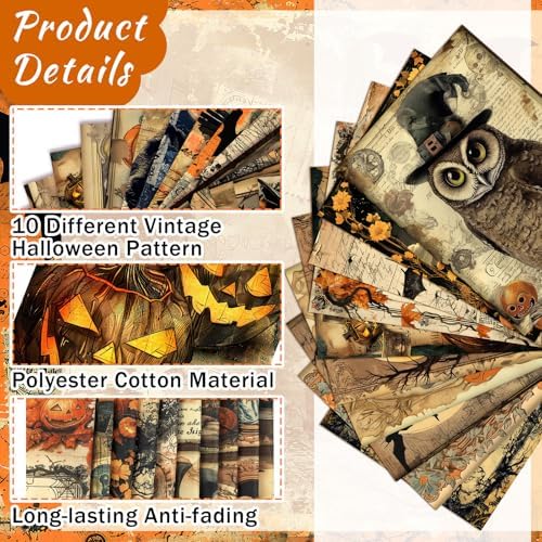 Hahafelt 10 Pcs 18"x22" Vintage Halloween Fat Quarters Gothic Fabric Bundle