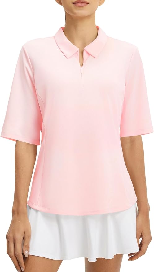 baleaf Women's Golf Shirts Half Sleeve Elbow Length Sleeves Polo Tops Workout Athletic Collared Quarter Zip V Neck UPF