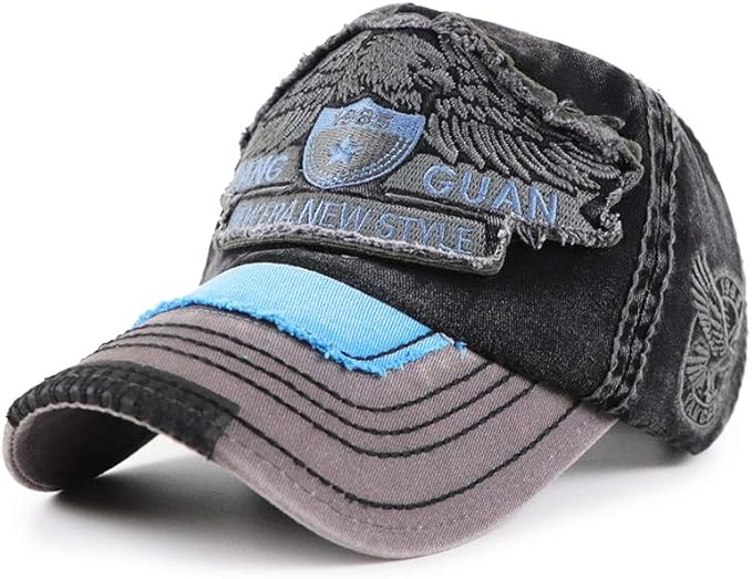 Elwow Men's Oilcloth Front Decor Washed Distressed Embroidery Baseball Cap Driver Trucker Hat with Eagle & Shark Patch