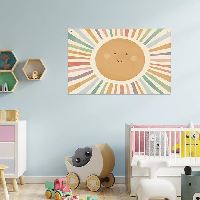 Watercolor Sun Banner Playroom Decor Banner Canvas 21 in x 33 in Hanging Flag - Image 3