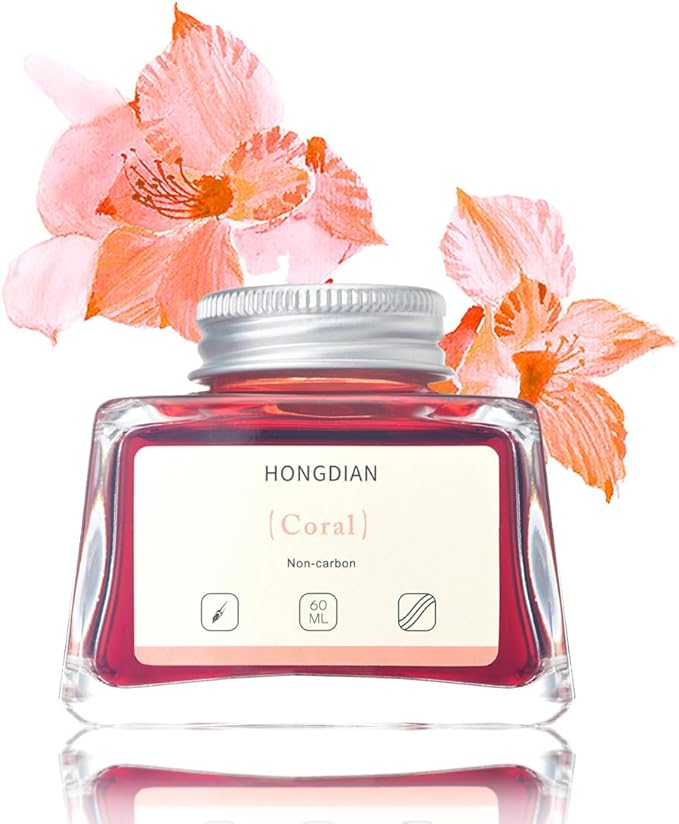 Hongdian Fountain Pen Bottled Ink Coral Color, 60ml Non Carbon Inkwell Bottle by Asvine