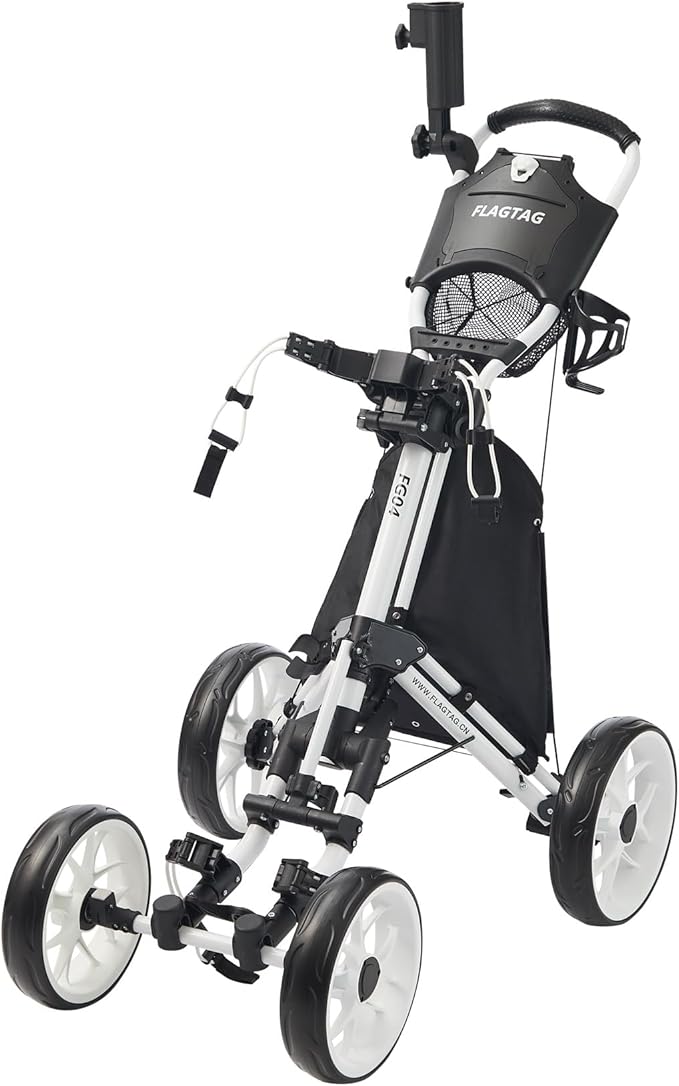 FLAGTAG Golf Push Cart 4-Wheels,Folding Golf Cart, Golf Pull cart with Cup Holder,Umbrella Holder,Cooler Bag, Foldable with one-Click,Handle Height Adjustable,Drink Holder,Walking Push cart
