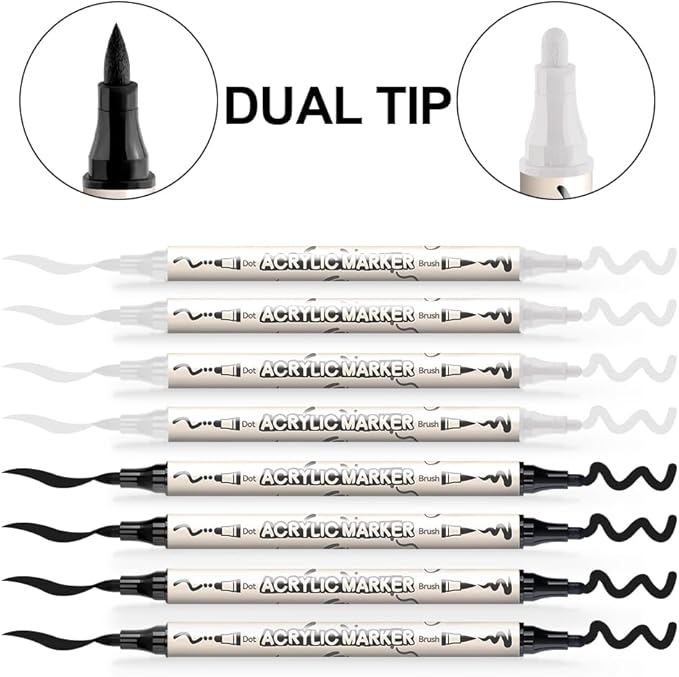 TRANSON 4 Black and 4 White Paint Markers Brush and Bold Dual-tip Acrylic Paint - Image 4