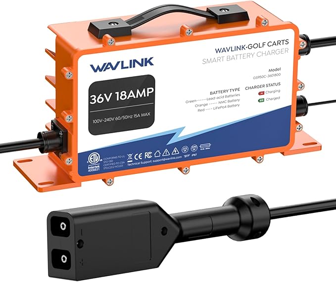 WAVLINK 36V 18 AMP Golf Cart Battery Charger, IP67 Waterproof, LiFePO4/NMC/Lead-Acid Compatible (D Plug for TXT/EZGO)