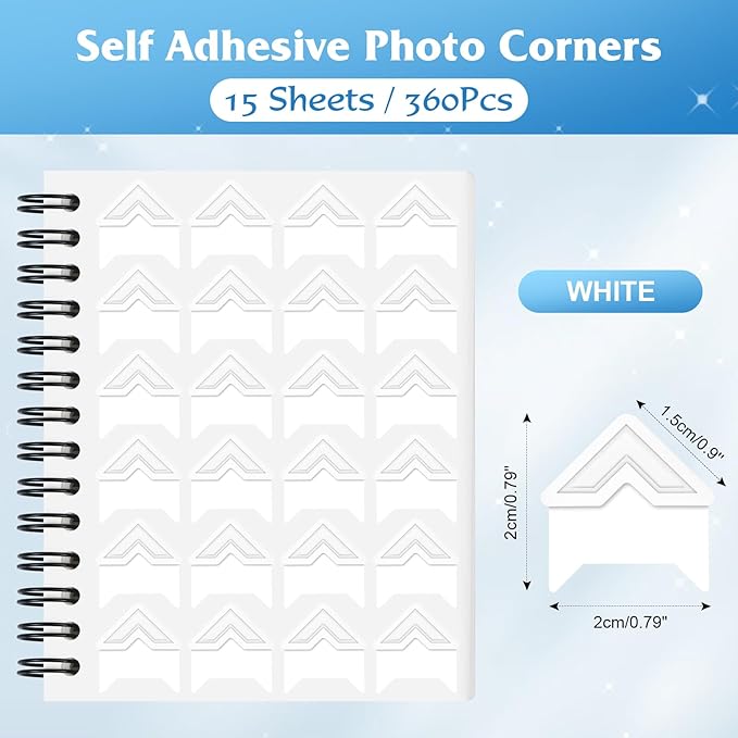 15 Sheets 360 PCS White Acid-Free Photo Corners Notebook, Self-Adhesive Photo - Image 2