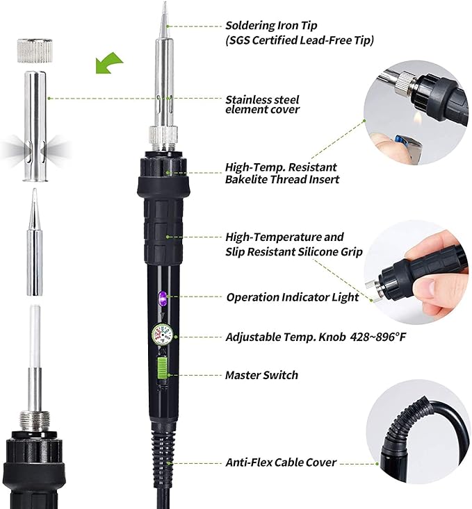 YIHUA 947-III 60W Soldering Iron Kit Temperature Adjustable 428-896°F 2-IN-1 - Image 3