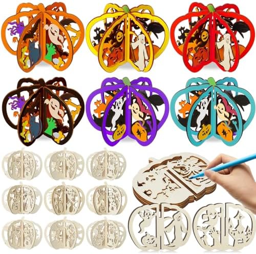 Yalikop 72 Pcs Halloween Kids Wood Crafts, 7.9 x 6.7 in, Ghost Pumpkin Cat