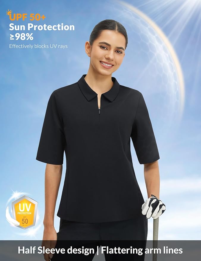 baleaf Women's Golf Shirts Half Sleeve Elbow Length Sleeves Polo Tops Workout Athletic Collared Quarter Zip V Neck UPF