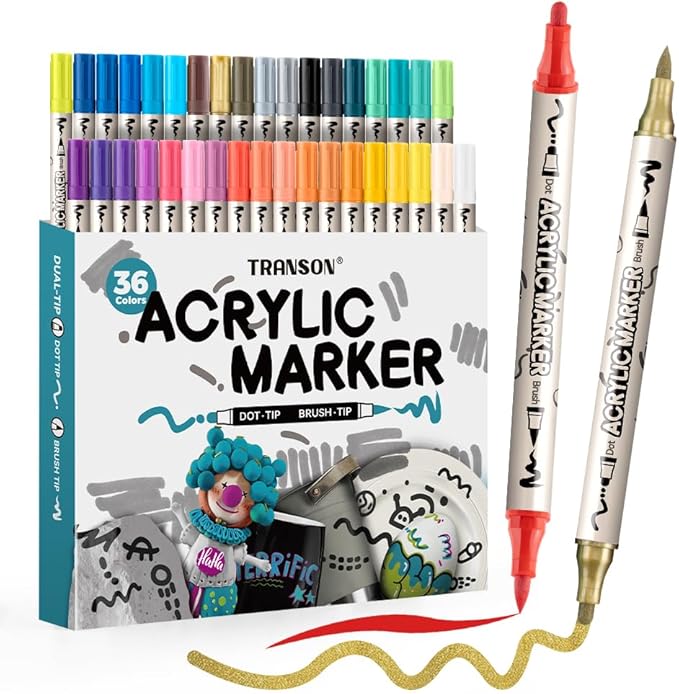 TRANSON 36 Colors Bold and Brush Dual-tip Acrylic Paint Marker Pen Set by Transon
