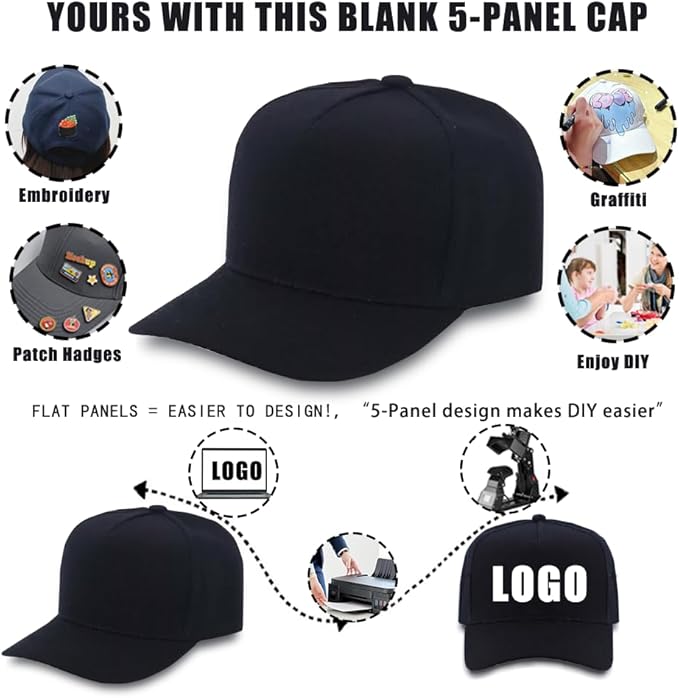 ZH 12 PC 5 Panel Baseball caps, Bulk Baseball caps, Customizable DIY Design, Wholesale Caps, One-Size-Fits-All