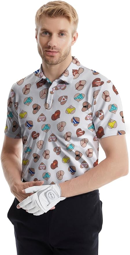 HUURAY Funny Golf Polos for Men Funny Print Short Sleeve Shirts Quick Dry Polo Shirts Hawaiian Shirt Performance Golf Outfits