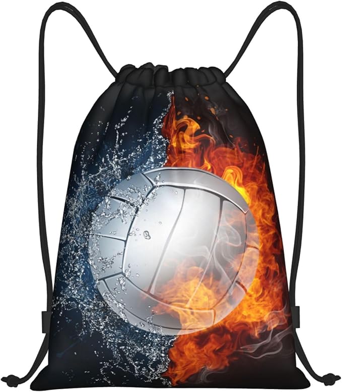 Volleyball Drawstring Bag Sports Drawstring Backpack for Kids Teens Boys Girls Adults Women Men, Sport Gym Swim Travel Work Hiking Daypack Bag with Water and Fire Pattern Printed, Medium