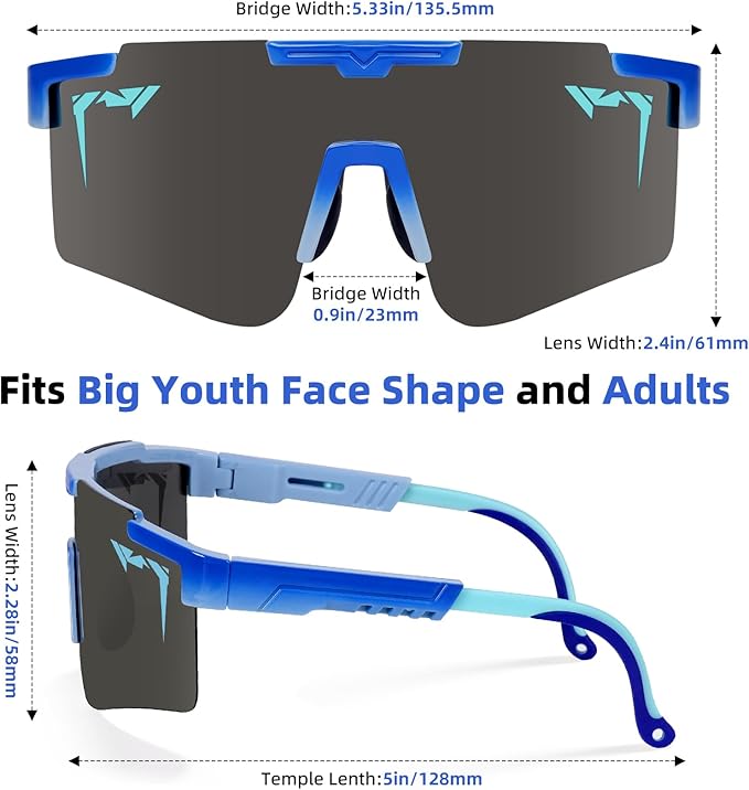 2-Sizes Kids Youth Baseball Sunglasses Men Women Vipers Sunglasses Softball Boys Girl True Polarization &UV Protection