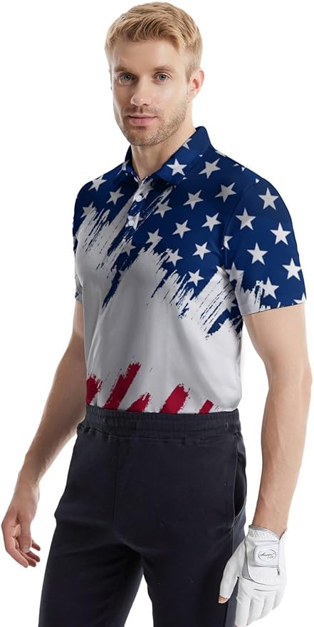 HUURAY Funny Golf Polos for Men Funny Print Short Sleeve Shirts Quick Dry Polo Shirts Hawaiian Shirt Performance Golf Outfits