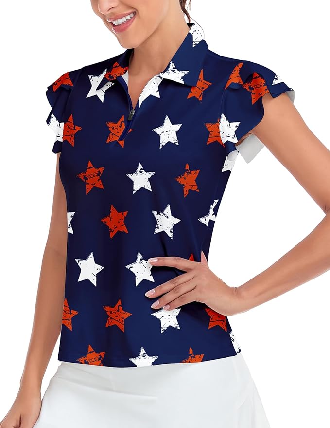 Soneven Womens Petal Sleeve Golf Shirts Moisture Wicking Lady Golf Apparel Print Tennis Sport T Shirt