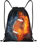 Football Drawstring Backpack Sports Backpack Bag for Kids Teens Adults Boys Girls Women Men, Sport Gym Swim Travel Work Hiking Daypack Bag with Water and Fire Pattern Printed, Small