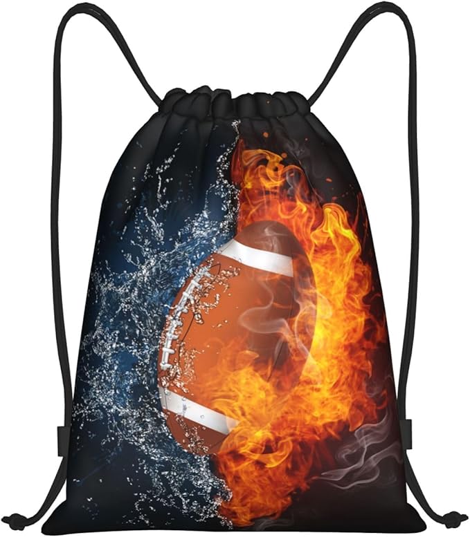 Football Drawstring Backpack Sports Backpack Bag for Kids Teens Adults Boys Girls Women Men, Sport Gym Swim Travel Work Hiking Daypack Bag with Water and Fire Pattern Printed, Medium