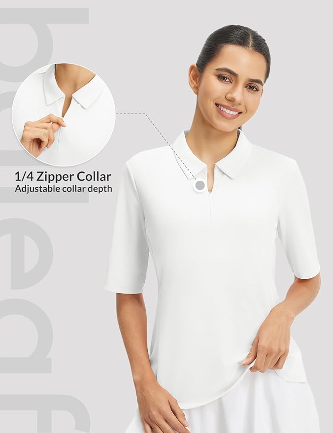 baleaf Women's Golf Shirts Half Sleeve Elbow Length Sleeves Polo Tops Workout Athletic Collared Quarter Zip V Neck UPF