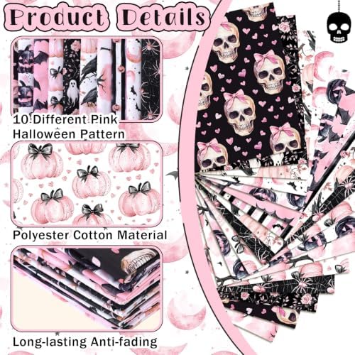 Hahafelt 10 Pcs Pink Halloween Quilting Fabric Bundles 20 x 20 Inch