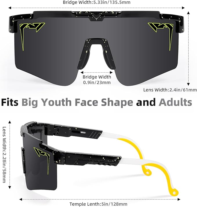 2-Sizes Kids Youth Baseball Sunglasses Men Women Vipers Sunglasses Softball Boys Girl True Polarization &UV Protection