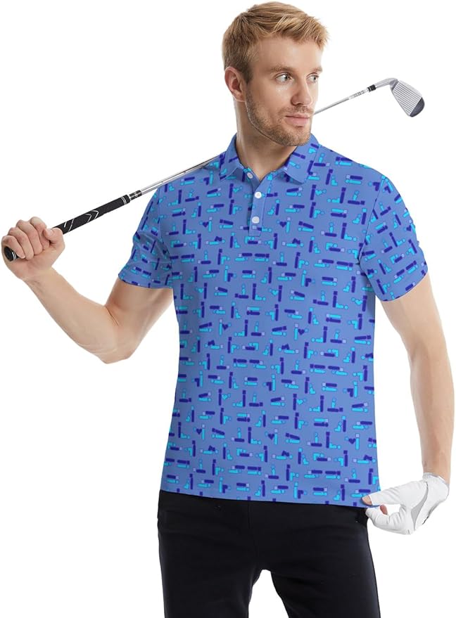 HUURAY Funny Golf Polos for Men Funny Print Short Sleeve Shirts Quick Dry Polo Shirts Hawaiian Shirt Performance Golf Outfits