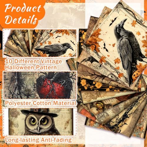 Hahafelt 10 Pcs Halloween Gothic Skull Owl Quilting Fabric 20 x 20 Inch