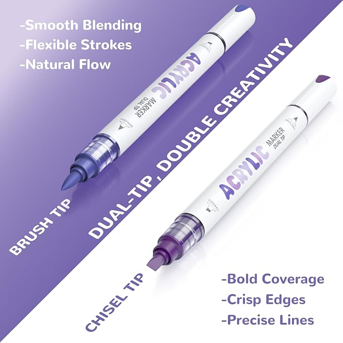Guangna 12 Purple Dual Tip Acrylic Paint Markers, Brush Tip & Chisel Tip - Image 2