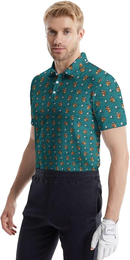 HUURAY Funny Golf Polos for Men Funny Print Short Sleeve Shirts Quick Dry Polo Shirts Hawaiian Shirt Performance Golf Outfits