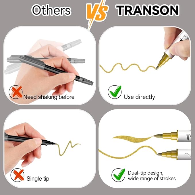 TRANSON 3 Gold, 3 Silver, 1 Black and 1 White Paint Markers Brush and Fine - Image 4