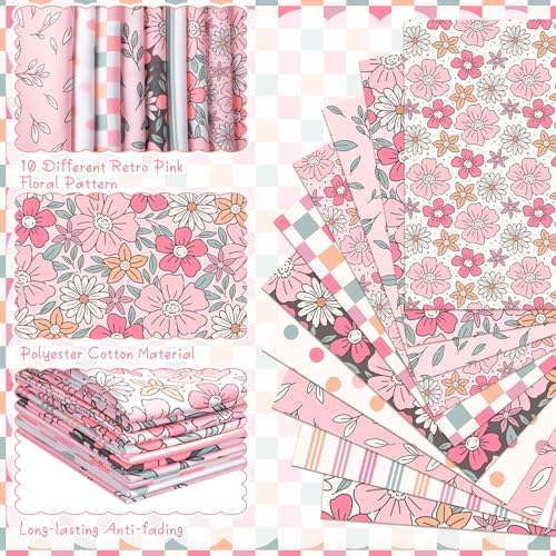 Hahafelt 10 Pcs Fall Retro Pink Floral Quilting Fabric Bundles 20 x 20 Inch