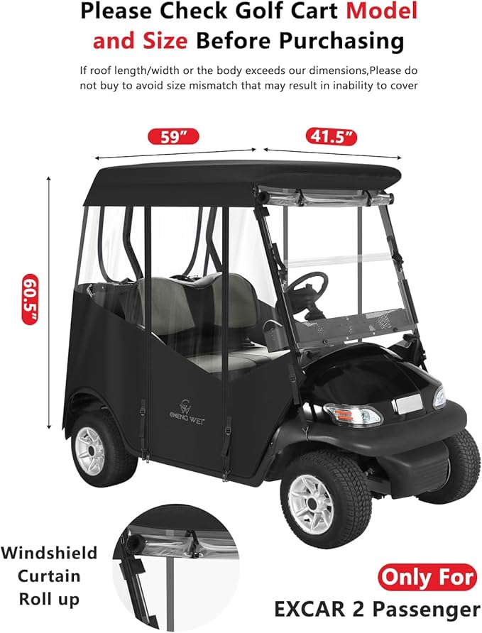 Golf Cart Enclosure 2 Passenger,Golf Cart Cover for EXCAR 2 Seater,Waterproof 600D Oxford Rain Cover Driving Enclosure,Roll Up 4-Sided Clear Windows&Door