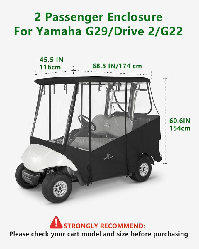 2 Passenger Golf Cart Enclosure for Yamaha G29 Drive 2 G12 G16 G14, 600D Waterproof Driving Rain Cover with Full Roll-Up Clear Windows & Doors, Heavy Duty Zippers & Side Mirror Openings
