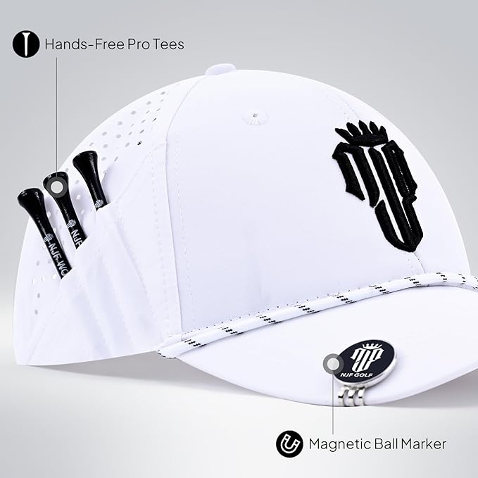 NJF Golf Hat Men - Breathable Mens Golf Hats, Adjustable Rope Hook and Loop Style Cap, Convenient Cap with Tee Holder