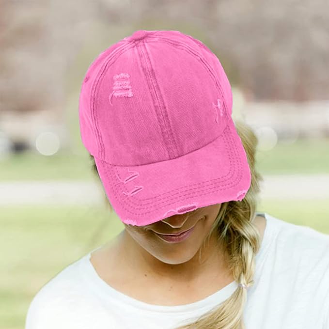 Womens Criss Cross Ponytail Baseball Cap Distressed Ponytail Hat High Messy Bun Trucker Ponycap for Outdoor Sports