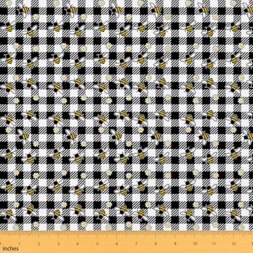 Cute Honeybee Upholstery Fabric for Chairs Black and White Buffalo Checkered DIY Fabric by The Yard for Craft Lovers 109"x63", Kawaii Bee Lattice Plaid Beetles Honey Quilting Fabric