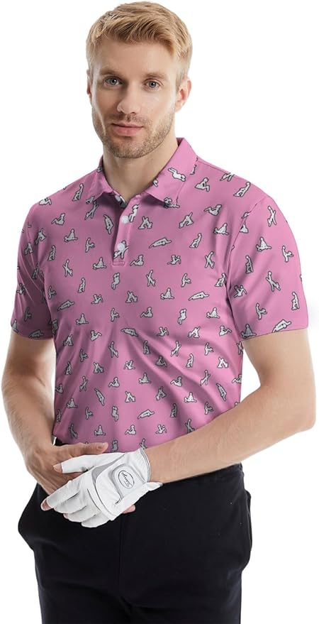 HUURAY Funny Golf Polos for Men Funny Print Short Sleeve Shirts Quick Dry Polo Shirts Hawaiian Shirt Performance Golf Outfits