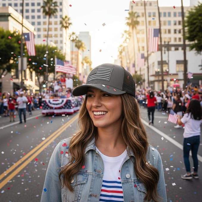 American Flag Trucker Hat, Patriotic Baseball Cap for Men & Women, Breathable Mesh Adjustable Snapback, USA Flag Patch
