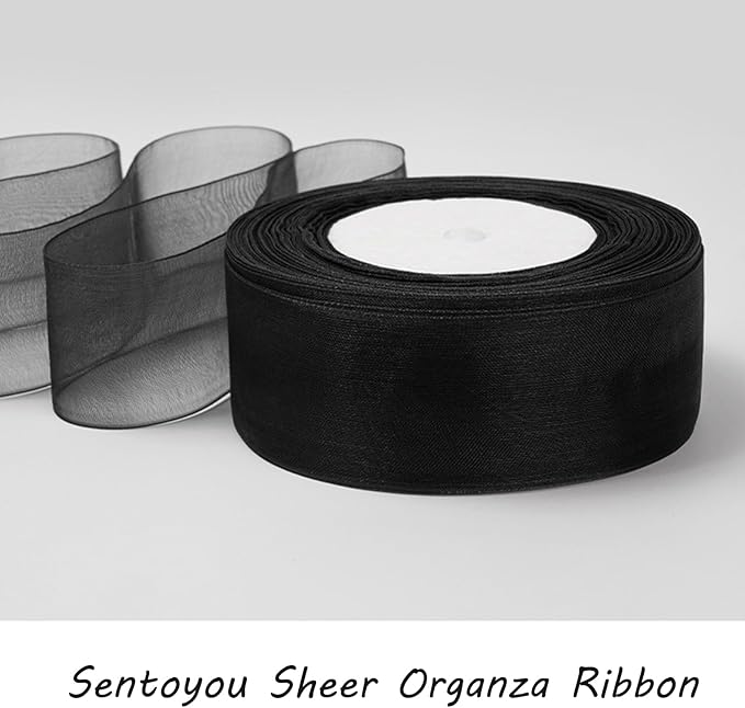 Black Ribbon for Gifts Wrapping, 1 inch 50Yard Sheer Organza Ribbon, Gift Wrap - Image 6